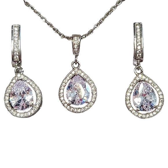Stainless Steel Cubic Zirconia Earrings and Necklace Set - Picture 2 of 3